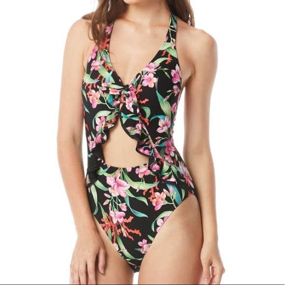 CARMEN Marc Valvo Ruffle Halter One Piece Swimsuit - Picture 1 of 4